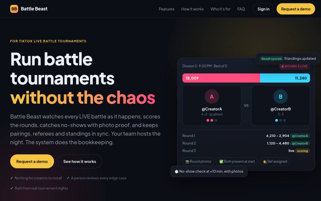 Screenshot of the Battle Beast homepage