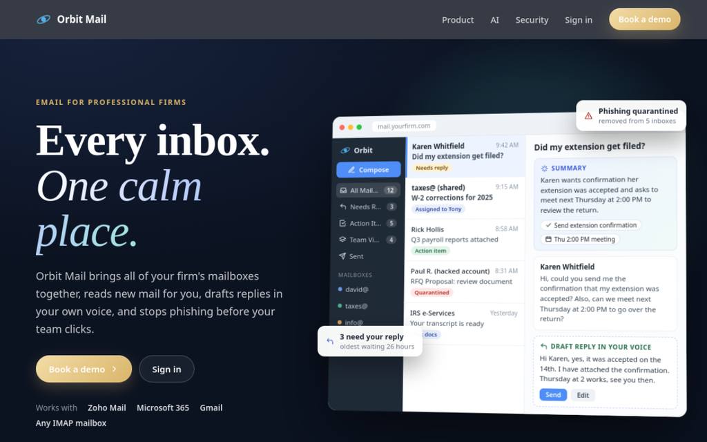 Screenshot of the Sagan Mail homepage
