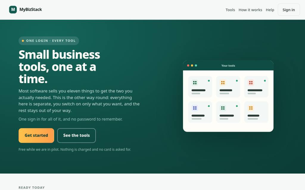 Screenshot of the MyBizStack homepage