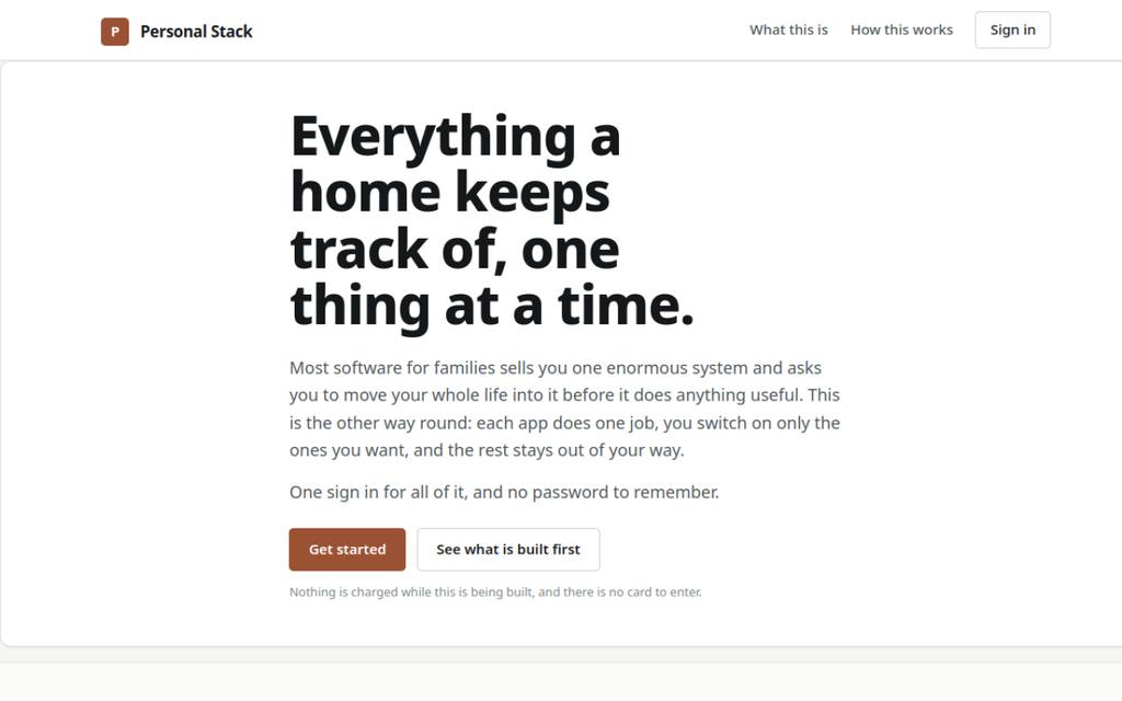 Screenshot of the Personal Stack homepage at miapps.us