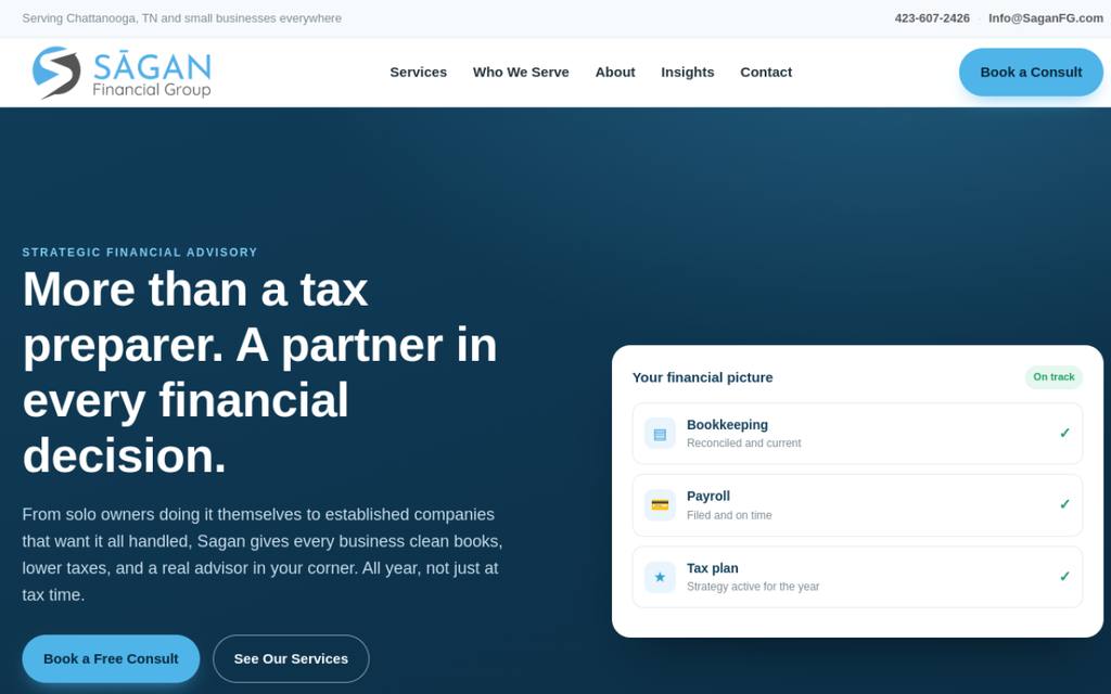 Screenshot of the Sagan Financial Group homepage